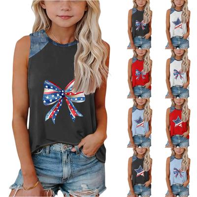 Sleeveless Loose Fit Tank Top with Star Print and Denim Patchwork Round Neck Casual Summer Shirt for Women