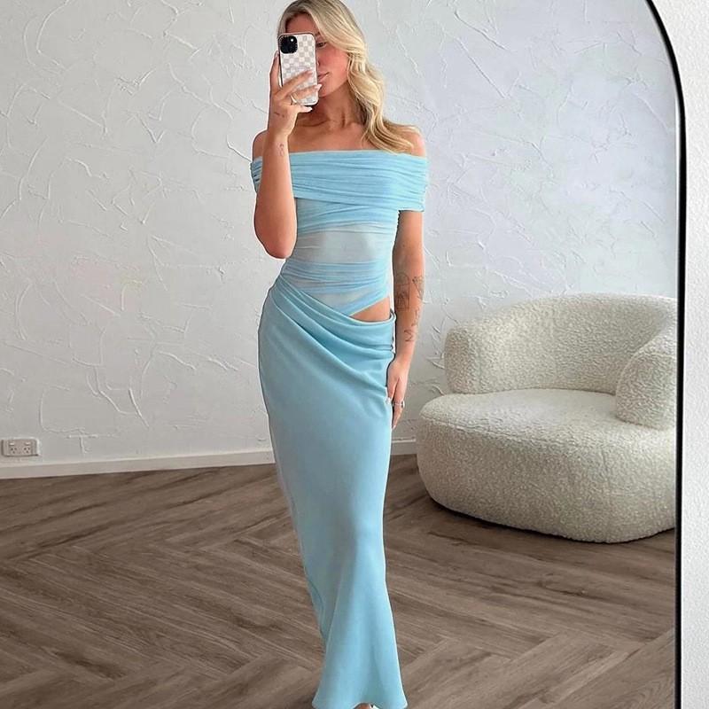 Women's Solid Color Temperament Sexy Slim One Shoulder Hollow Waist Dress