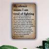 Vintage Metal Wall Decor Silence Tired Of Fighting Black Retro Sign Man Cave Bar Cafe