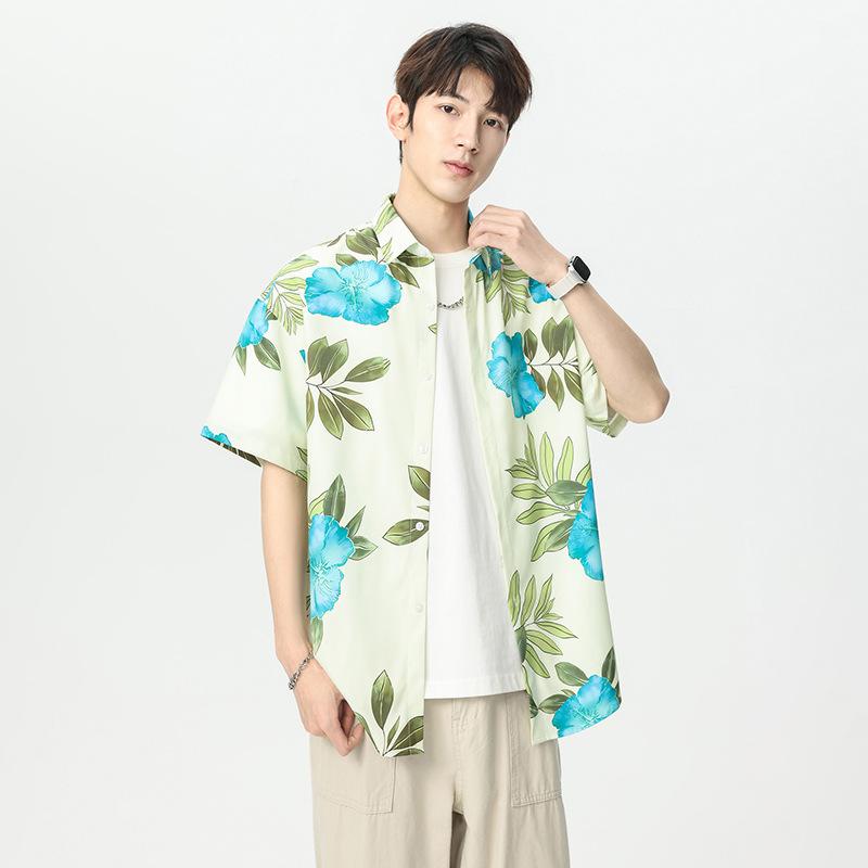 Men's Oversized Floral Print Short Sleeve Shirt - Light Green Hawaiian Casual Button Down Top