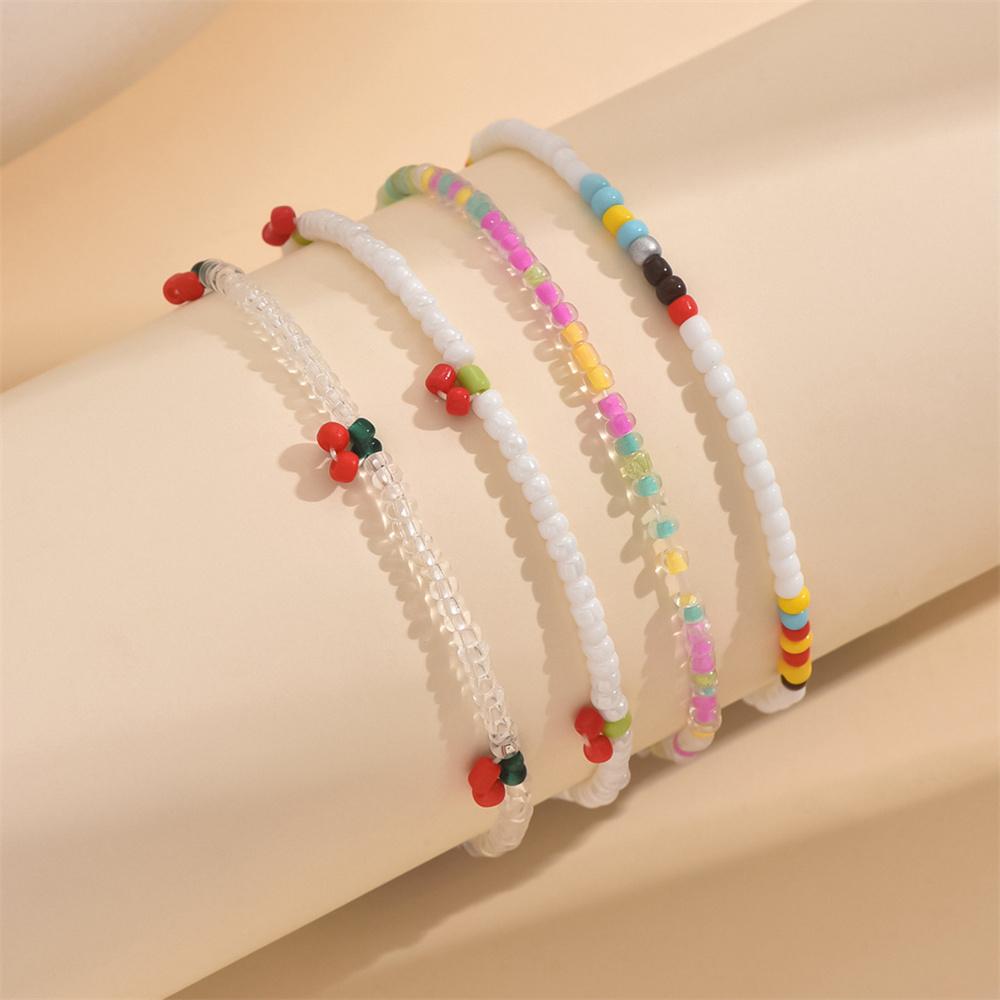 Multicolor Rice Beads Cute Small Cherry Anklets For Women 4pcs/Set Foot Chain Beach Jewelry Ankle Bracelet Summer Accessories