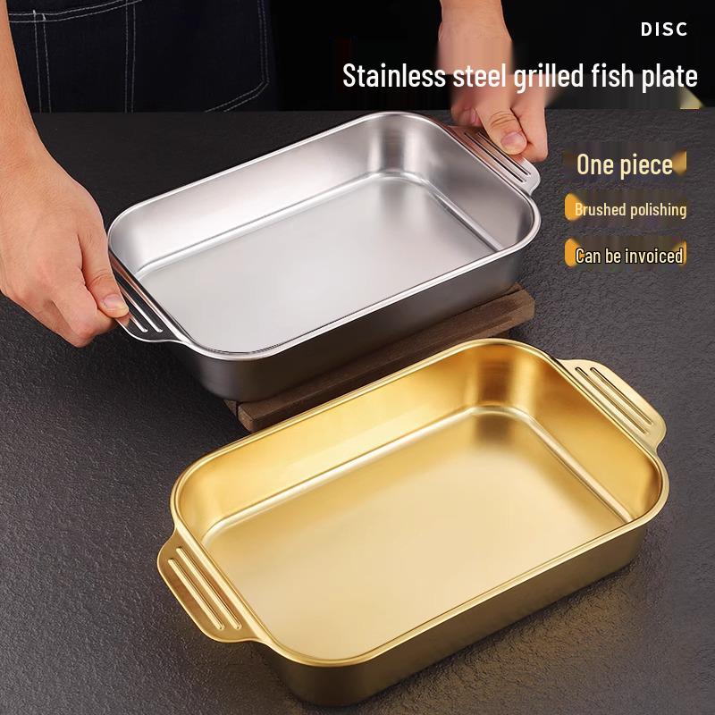 Korean 304 Stainless Steel Grilled Fish Pan, Rectangular Baking Tray with Double Ears for Serving Rice and Vegetables