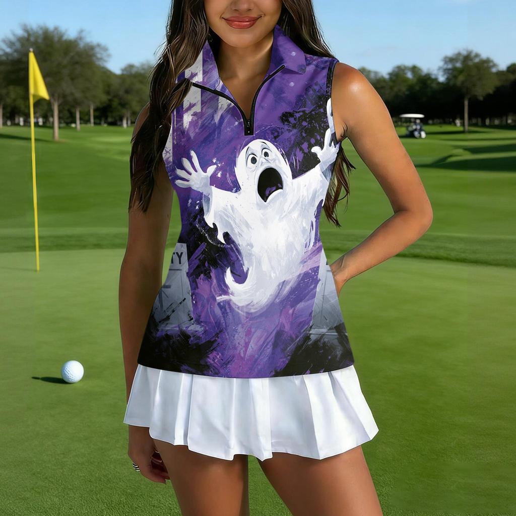 Women's Sleeveless Golf Shirt with Zip Front and Collar, Halloween Print Sporty Vest