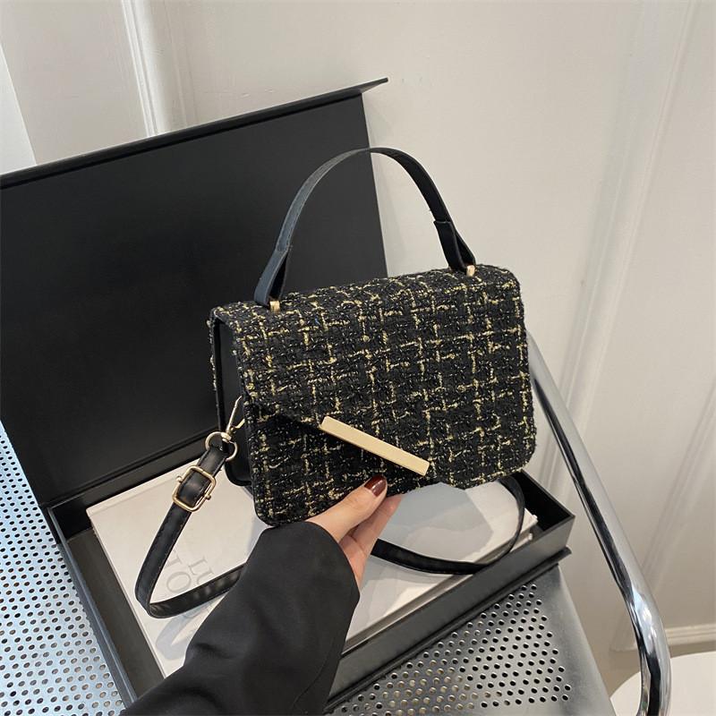 Simple Woven Plaid Texture Diagonal Buckle Women Small Square Bag Casual For