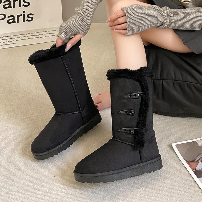 Fashion Women's Snow Boots Winter Plush Ankle Boots Warm Non-slip Platform Cold Comfort Cotton Shoes Women's Horn Buckle Cotton Boots