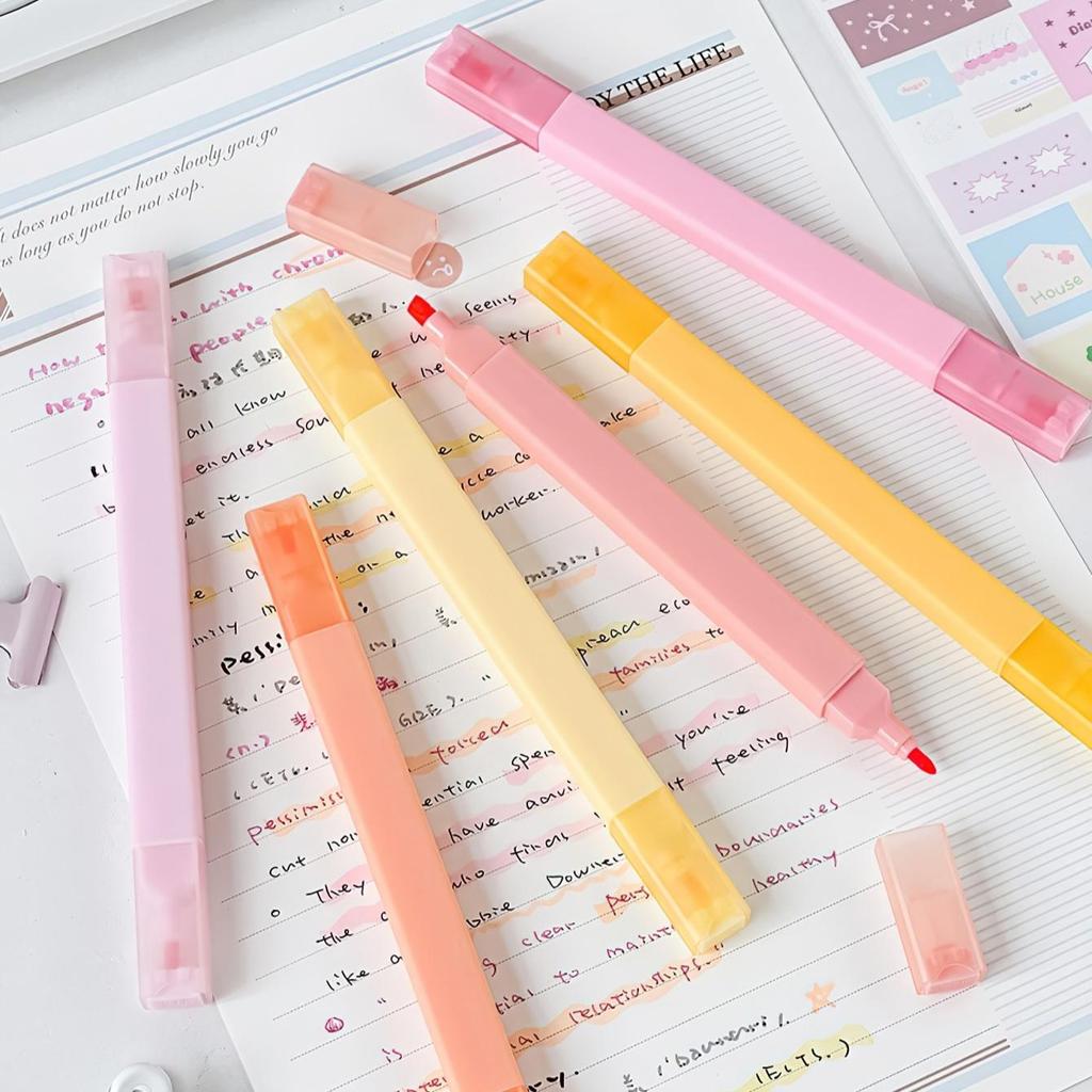 6pcs Dual Tip Highlighter Pens Set Macaron Pastel Colors Chisel Tip Quick Dry Soft Brush Student Drawing Set