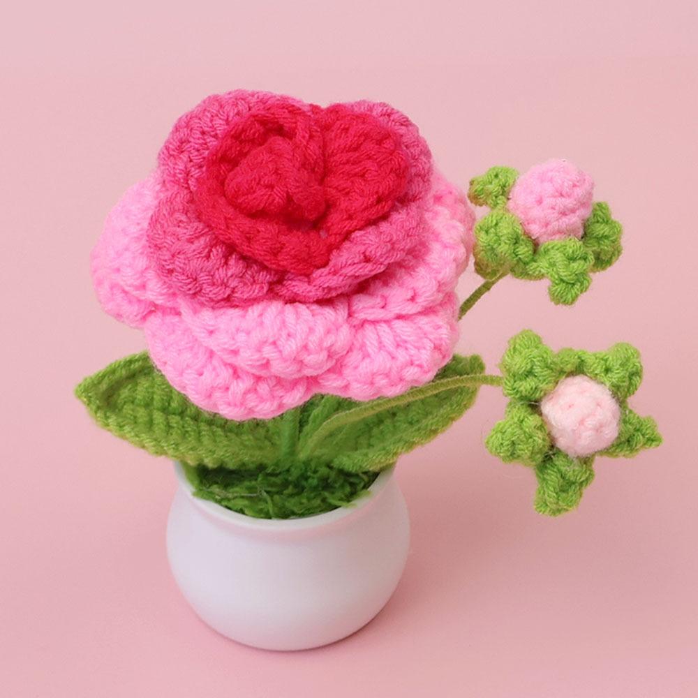 Rose Crochet Flower Pot with Bud  Romantic Handwoven Rose Flowers Knitting Flower Table Car Decor