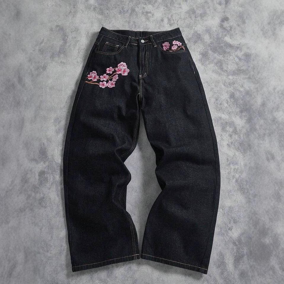 American Hip Hop Personality Street Flower Embroidery Washed Old Jeans Tide