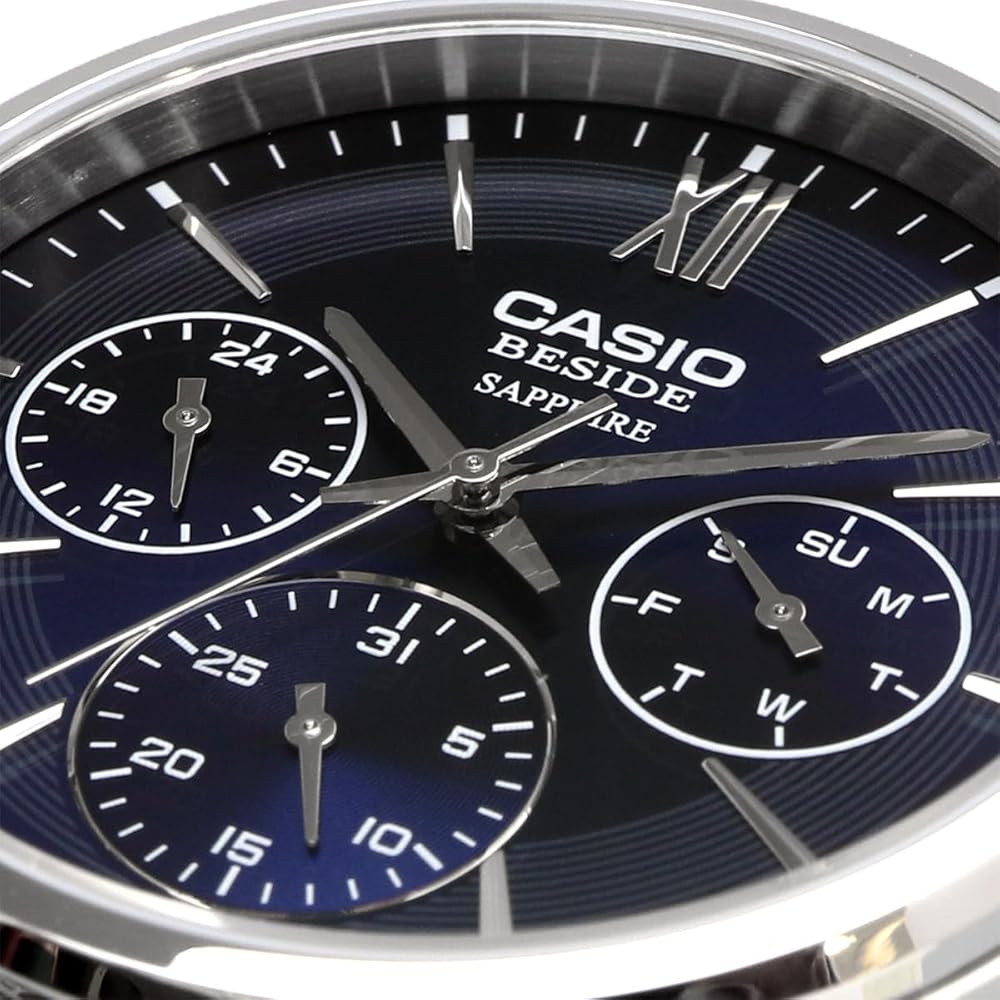 Casio Beside Quartz Men's Watch Sapphire Glass BMS-300D-2AV Stainless Steel Band 24-Hour Display Navy
