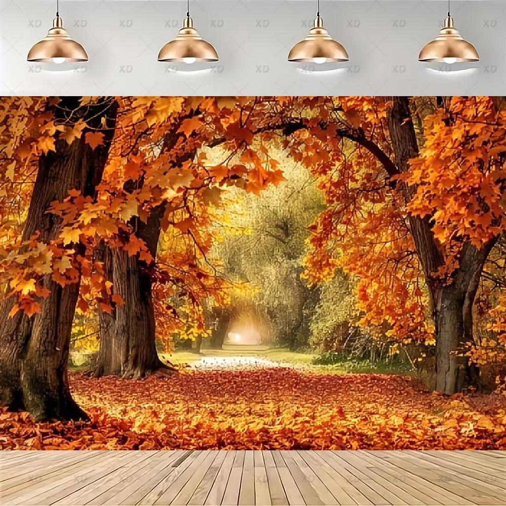 Rustic photographic backdrop: Maple forest, orange autumn leaves, pumpkin banner, for baby shower decorations4921
