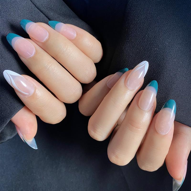 Emerald Almond Shape French Nude Manicure Wearable Nails