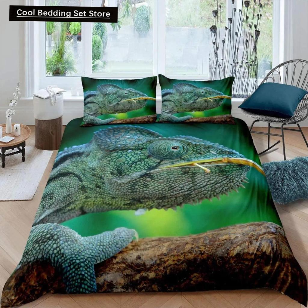 Kameleon Zestaw Poszwy na Kołdrę Motyw Dzikich Zwierząt 3D Zestaw Pościeli na Łóżko Pojedyncze Poszwa na Kołdrę Dzikiej Przyrody Chłopcy Zielony Liść Poliestrowa Poszwa na Kołdrę