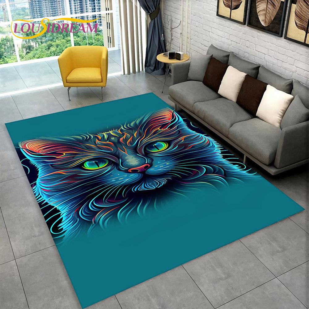 Tapis Imprimé 3D Motif Chat - Pour Salon, Chambre Enfant, Cuisine, Dimensions 50x120 Cm, Antidérapant, Polyester