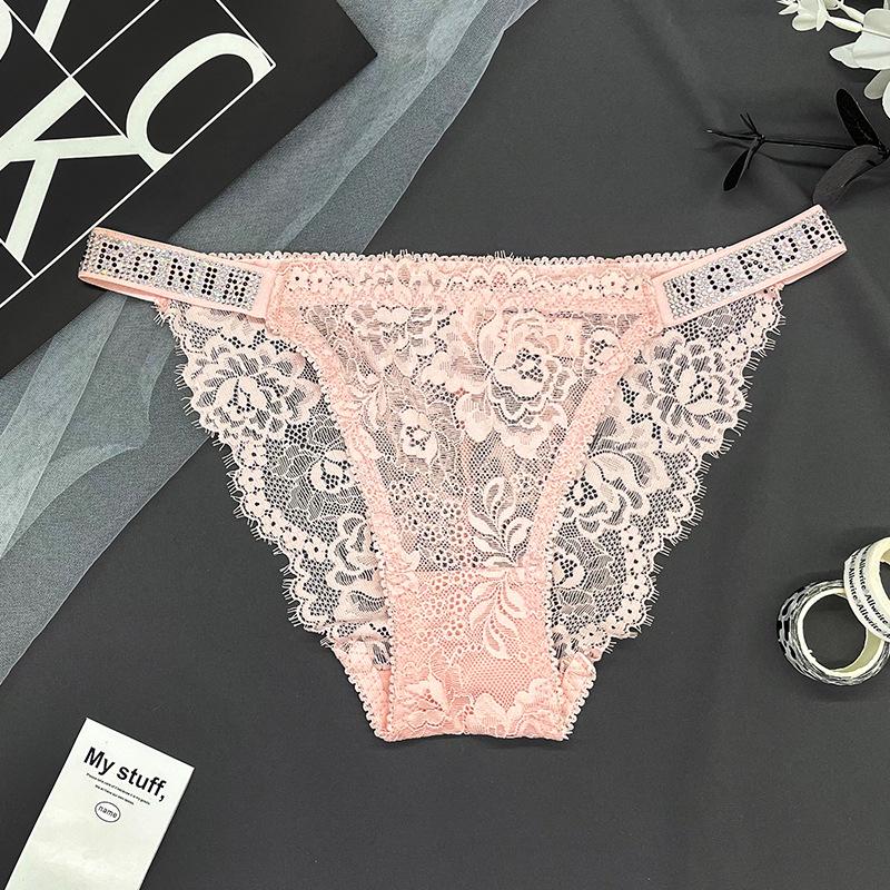 Hot Diamond Sexy Lace Underwear Women's Double Belt Thongs Diamond Decoration Hot Simple Breathable Hollow Lightweight Bikini Panties