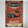 Vintage Car Service Metal Sign, Reddish-Brown Aging Background, 'Car-Service' Banner, Classic Convertible Illustration, 'QUALITY