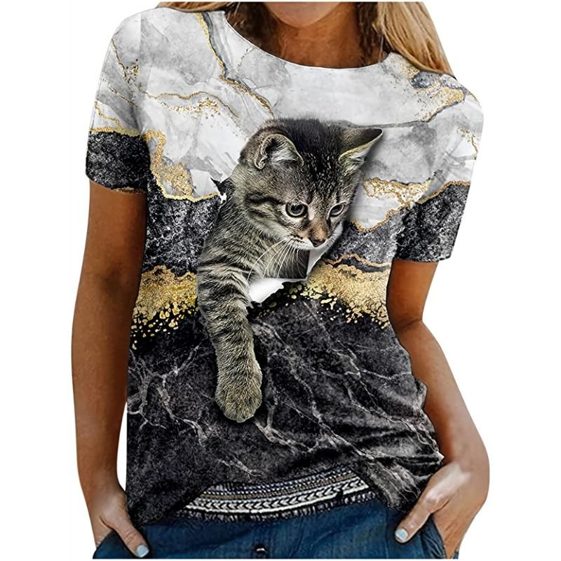 Summer Casual Women's T Shirt Cartoon Cute Cat Printed O Neck Short Sleeve Women's Outdoor Loose TShirt Tops Elegant Clothing