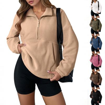 Pulôver Esportivo de Lã Feminino com Meio Zíper, Moletom Top da Moda Solto de Manga Comprida Estilo Rua