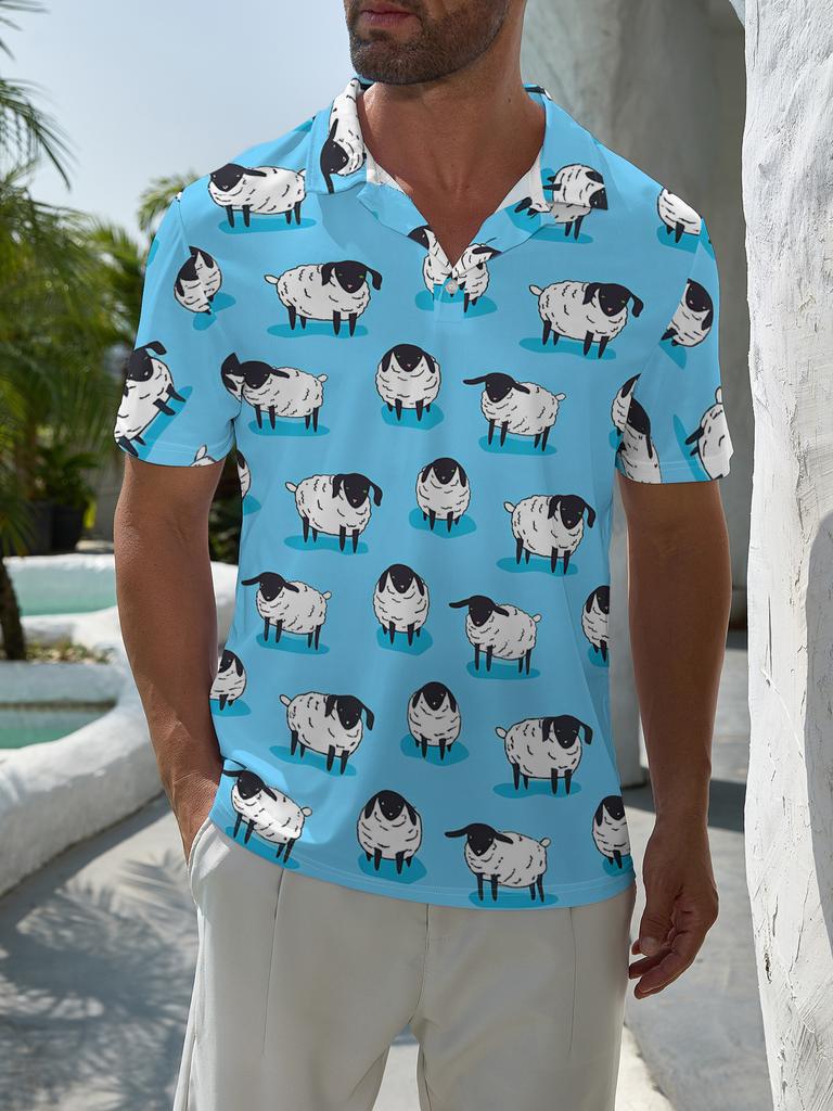 Men'S Short-Sleeve Polo Shirt with Flat Digital Print Design - No Texture - Featuring a Pattern of a Group of Cute Sheep. Print, Stylish And