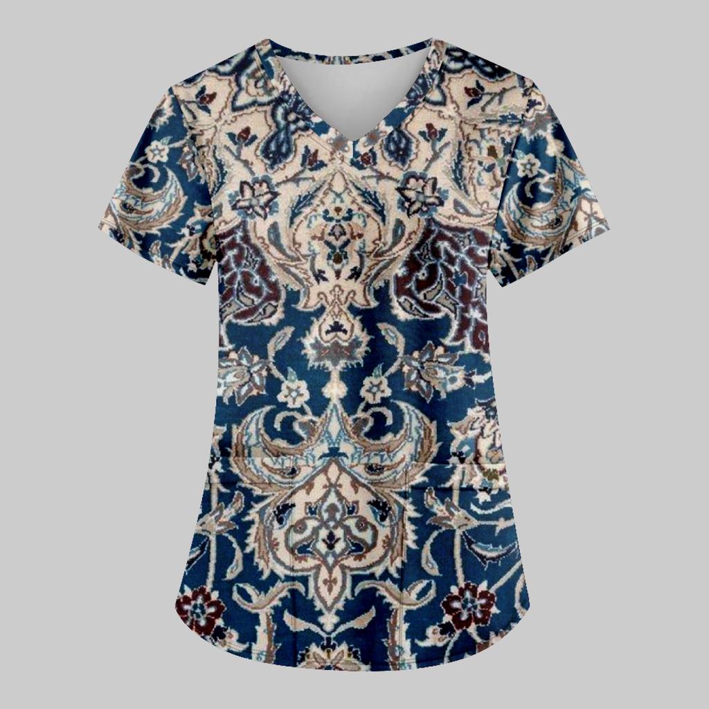 Women's Fashion Printed Work Uniform With Pocket T-Shirt Short Sleeve Top