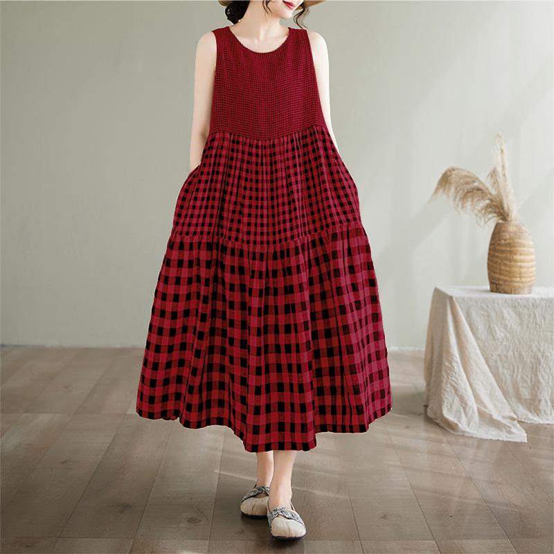 

ZANZEA Женское повседневное летнее платье без рукавов с круглым вырезом и принтом в клетку 5XL вино красного