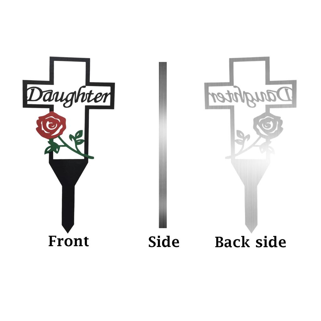 Metal Cross Memorial Stake for Cemetery Graveyard Outdoor Lawn Decoration with Daughter Lettering and Rose Design Iron Craft
