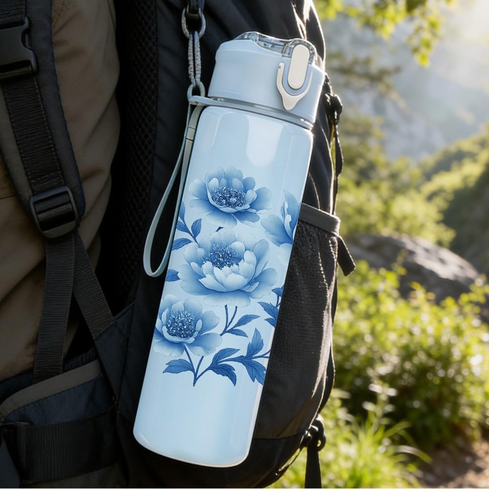 1PC Blue Rose Bouquet Pattern 750ml Color Plastic Sports Water Bottle Leakproof Flip Straw Lid Suitable for Sports Office Home Use