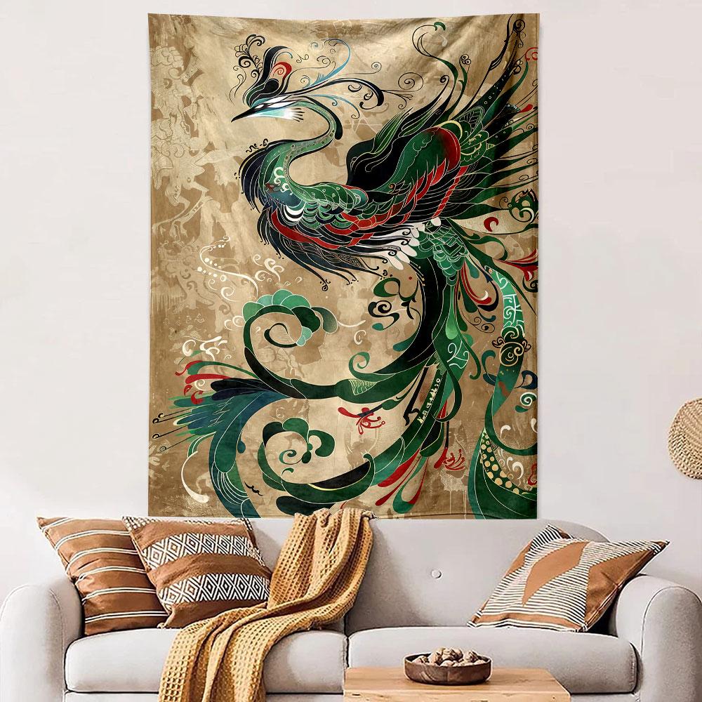 Colorful stylized phoenix with ornate feathers on a textured background. Patterned tapestry for bedroom and living room home decor