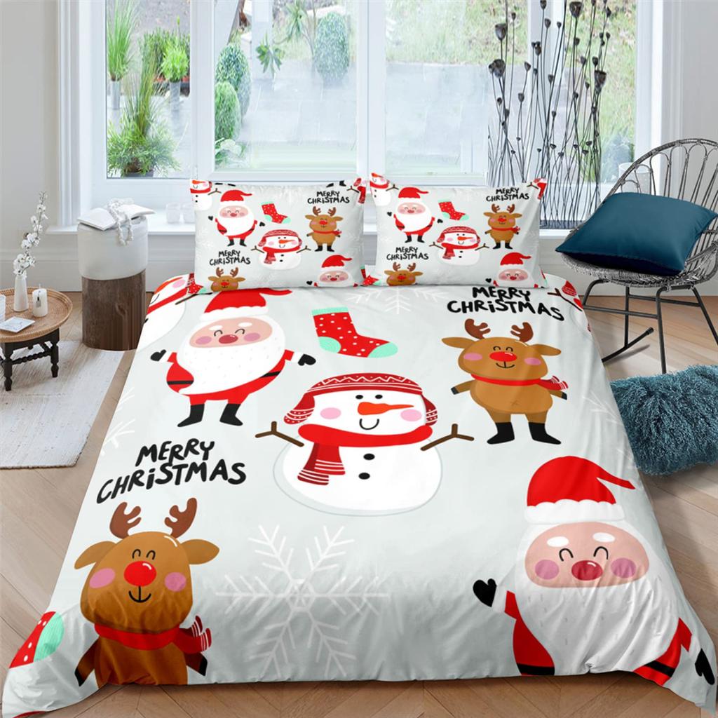 Kids Cartoon Snowman King Queen Duvet Cover Winter Quilt Cover White Snowflake Christmas Bedding Set Polyester Comforter Cover