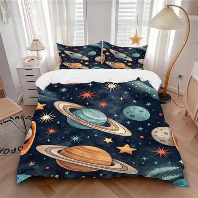 3pcs Galaxy Planets Bedding Set, Includes 1 Comforter + 2 Pillowcases, Without Pillow Inserts, Soft Comfortable, Lightweight Breathable076