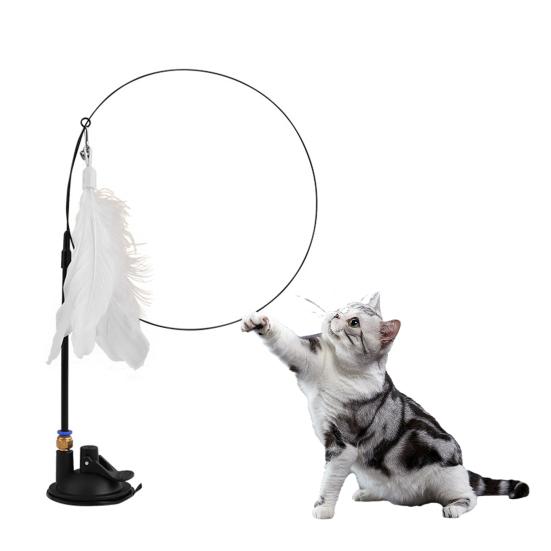 Cat Wand Feather Toy Interactive Cat Feather String Teaser with Suction Cup Cat Chasing Playing Toy with Replacement Feather for Indoor Cats
