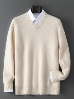 Heren V-hals Trui 100% Puur Wol - Dikke Warme Gebreide Kleding voor Business Casual