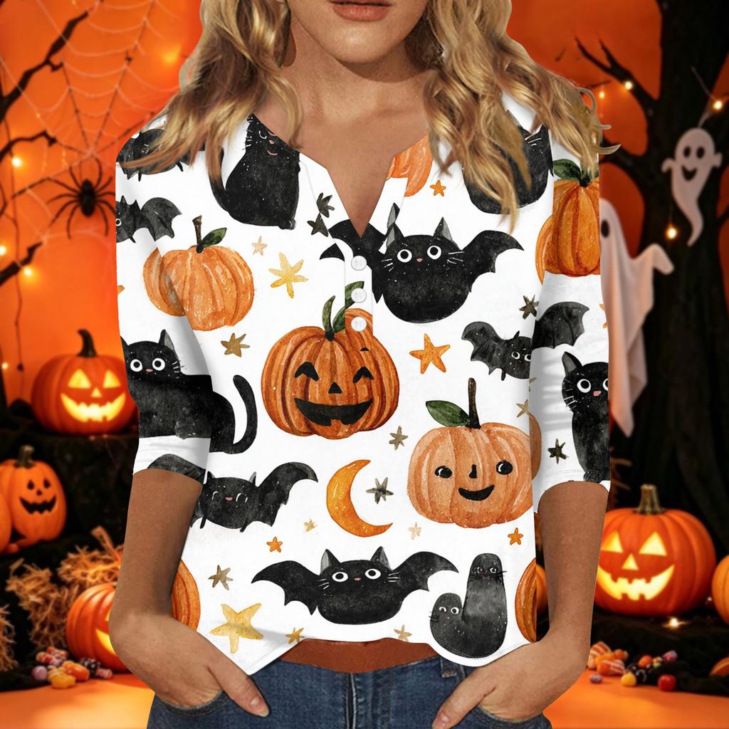 Women's Halloween Print V-Neck Short Sleeve T-Shirt with Decorative Buttons for Casual Fall Outfits