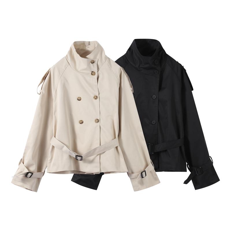 Stand Up Collar Lace-up Short Trench Coat Women's Long Sleeve Double Breasted Thin Slim Jacket Commuter Windbreaker 2025 Autumn Coatwear