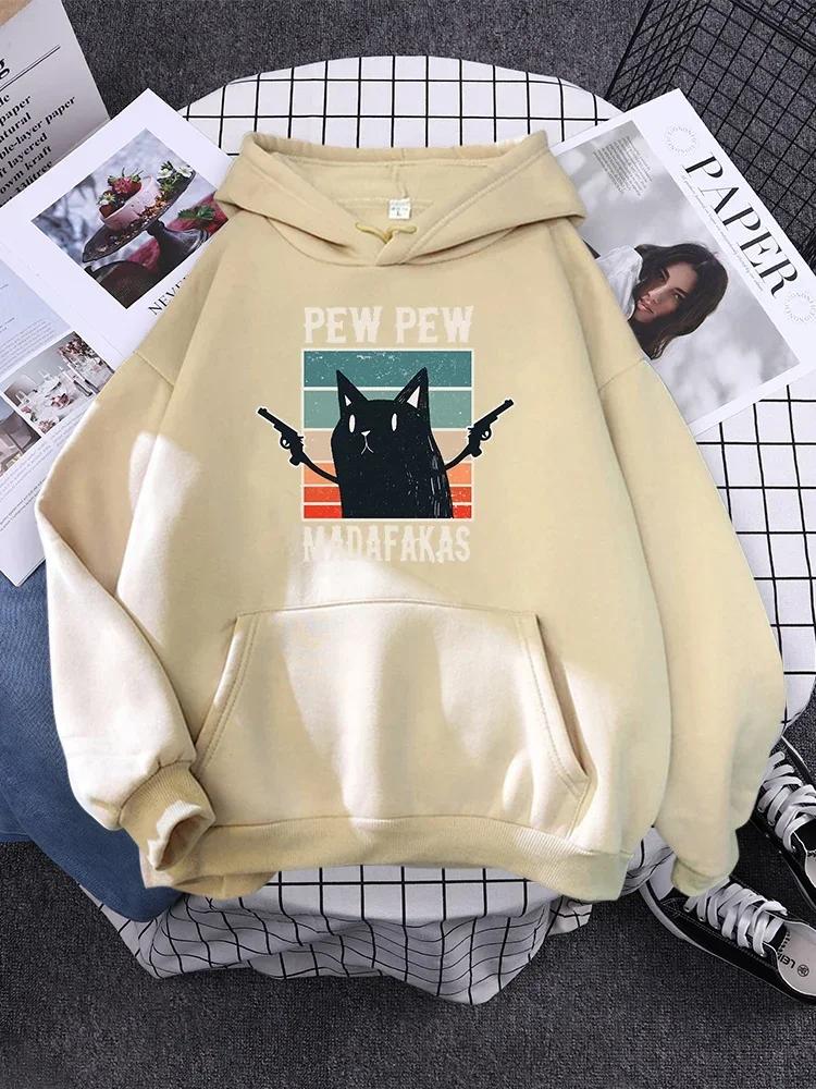 Outdoor Streetwear All match Casual Female Sportswear Pew Madafaks Cat Hold Guns Warm Fleece Hoodies For Women