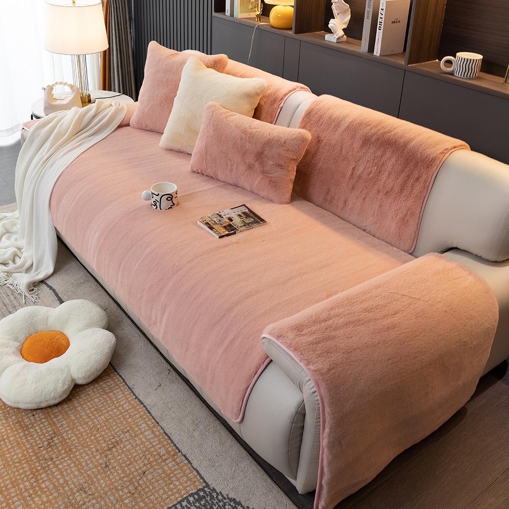 Winter Sofa Cover Rabbit Fur Soft Sensation Padded Plush Sofa Cushion Non-Slip Furniture Protector Suitable for 1-4 People