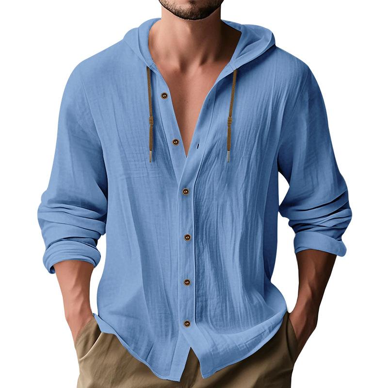 Men's Linen Blend Hooded Button Down Shirt Casual Long Sleeve