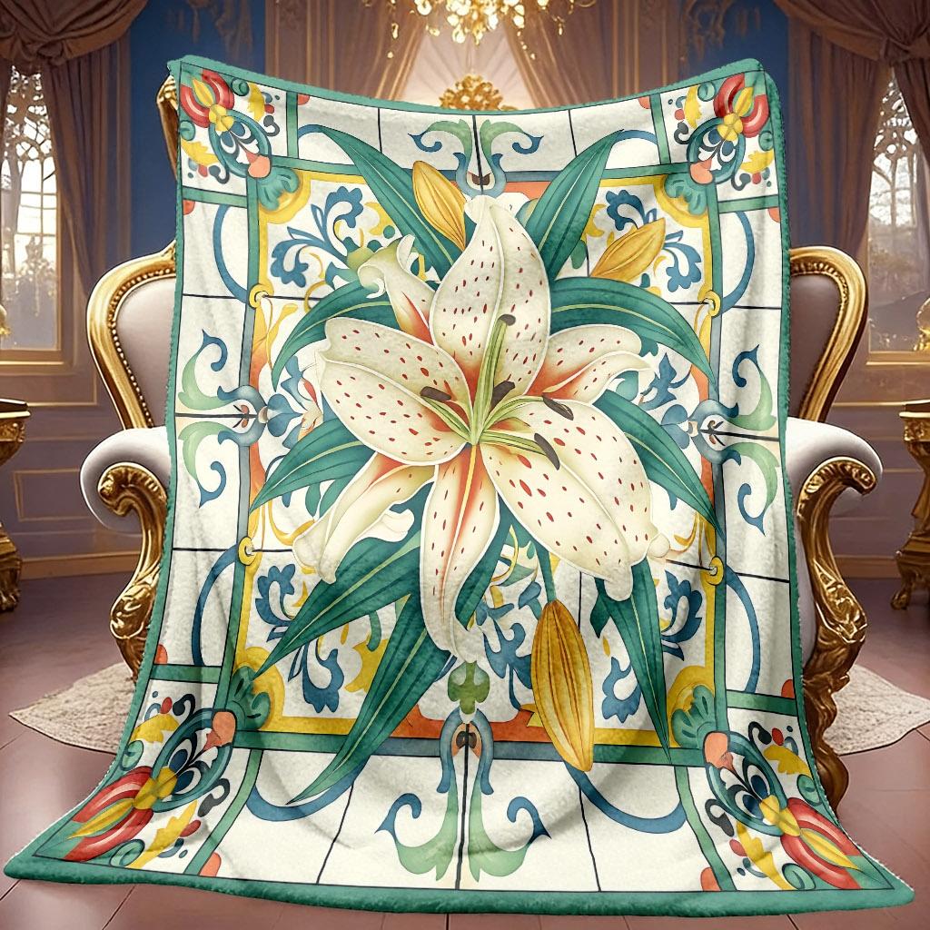 A 2D Flannel Blanket Featuring a Lily and Floral Pattern, with Soft High-definition Digital Printing. This Cooling Blanket Is Suitable for Year-round