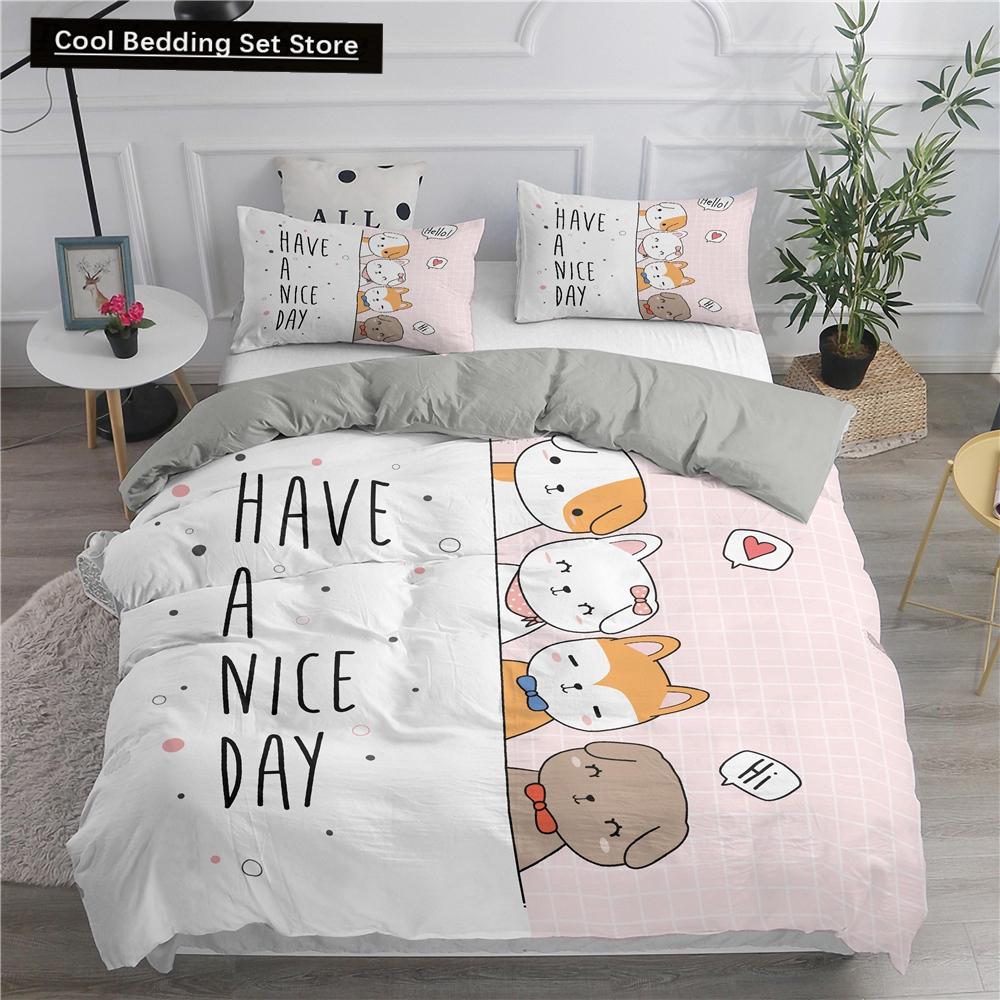 Cartoon Bedding Set Cute Cats Printed 3D Duvet Cover Set Twin Full Queen King Double Sizes Pillowcase Bedclothes Soft Polyester