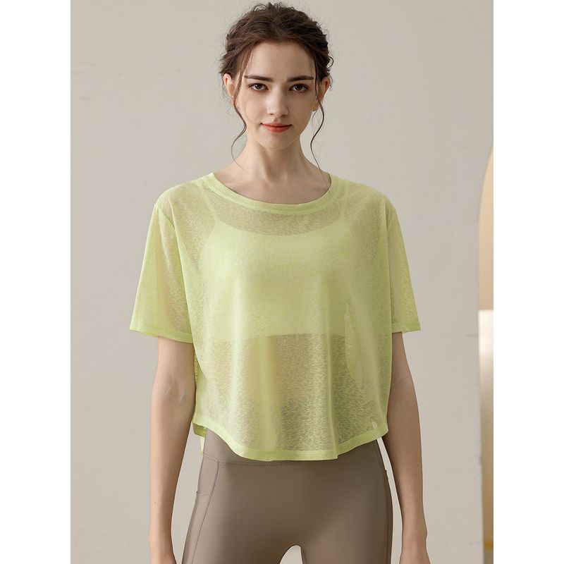 

Semi-Transparent Thin Mesh Sports Blouse Loose round Neck Yoga Short Sleeve Outer Wear Training Pilates Tops Breathable Summer Light yellow 8(L)