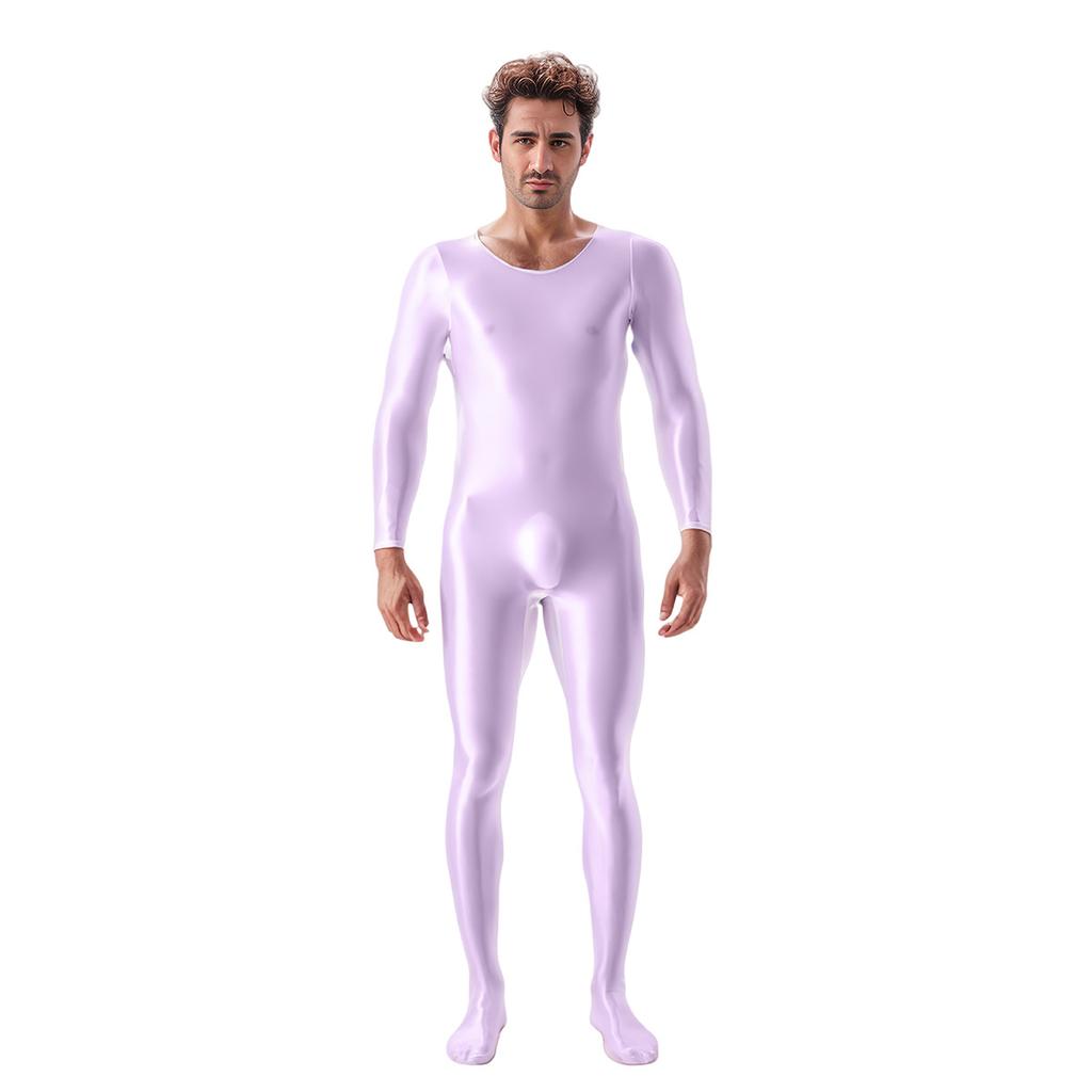 Mens Oil Glossy Bodystocking Full Bodysuit Long Sleeve Unitard Jumpsuits Stretchy Sheer Silky Romper Club Party Workout Onesie