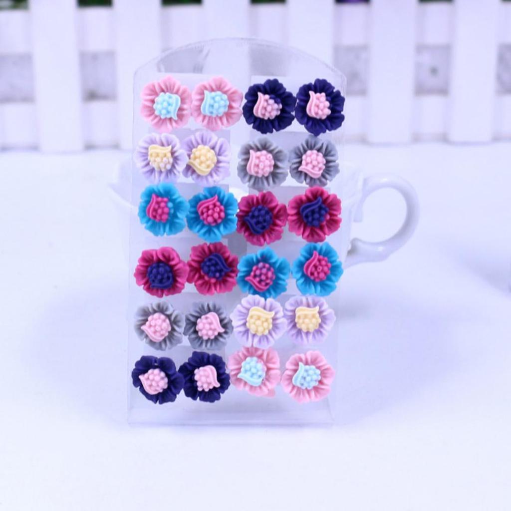12 Pairs Fashion Multicolor Resin Flower Ear Stud Earrings Set Women Jewelry