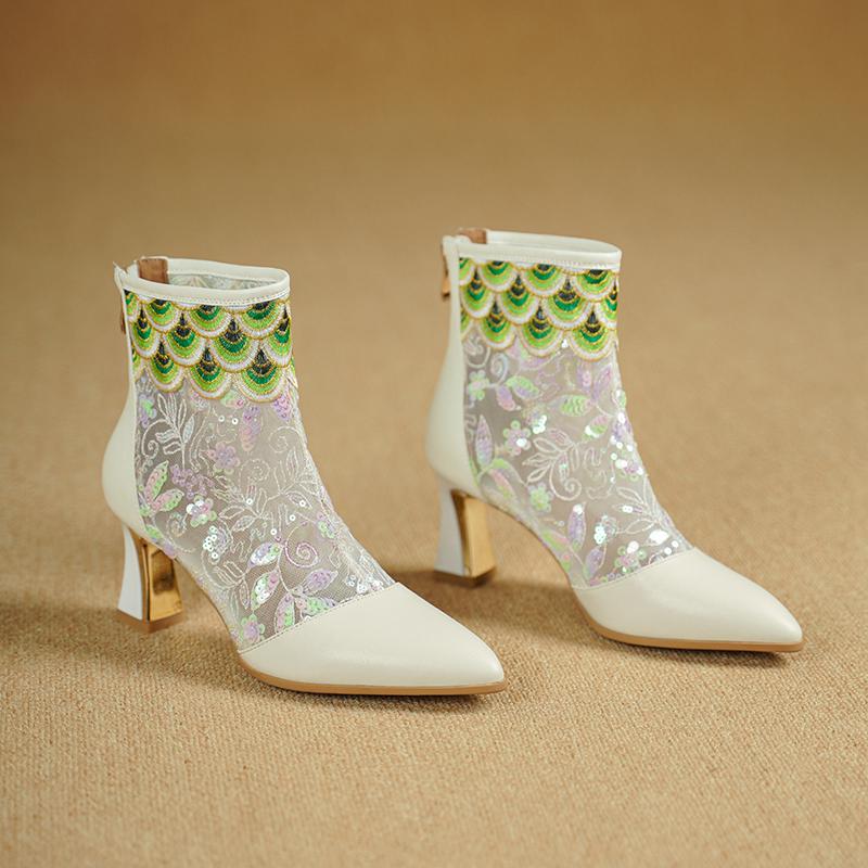 Krazing Pot Cow Skin Pointed Toe Summer Boots Fashion Air Mesh Bling Patch Appliques High Heels Embroidery Ankle Boots