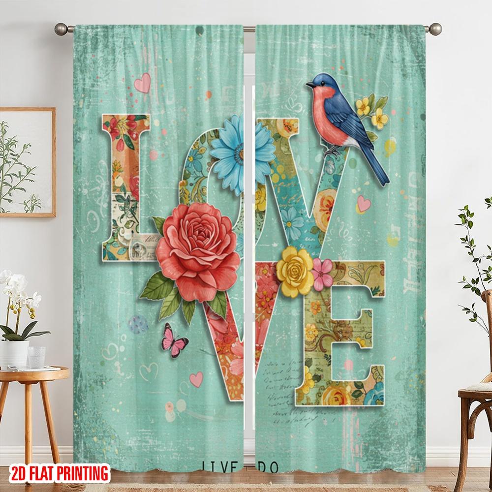 2pcs,2D plane printing Curtains&Window Treatment LOVE bird floral art Polyester Easy Install (without rod) Home Decor Perfect