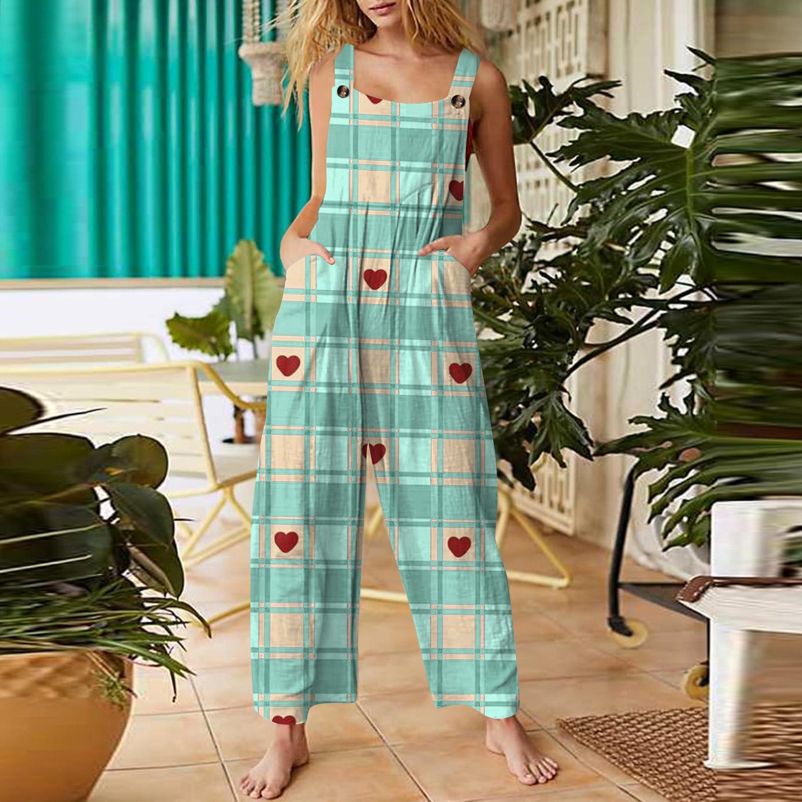 

Women s Valentine s Day Printed Casual Loose Retro Cotton Linen Overalls With Pockets XL