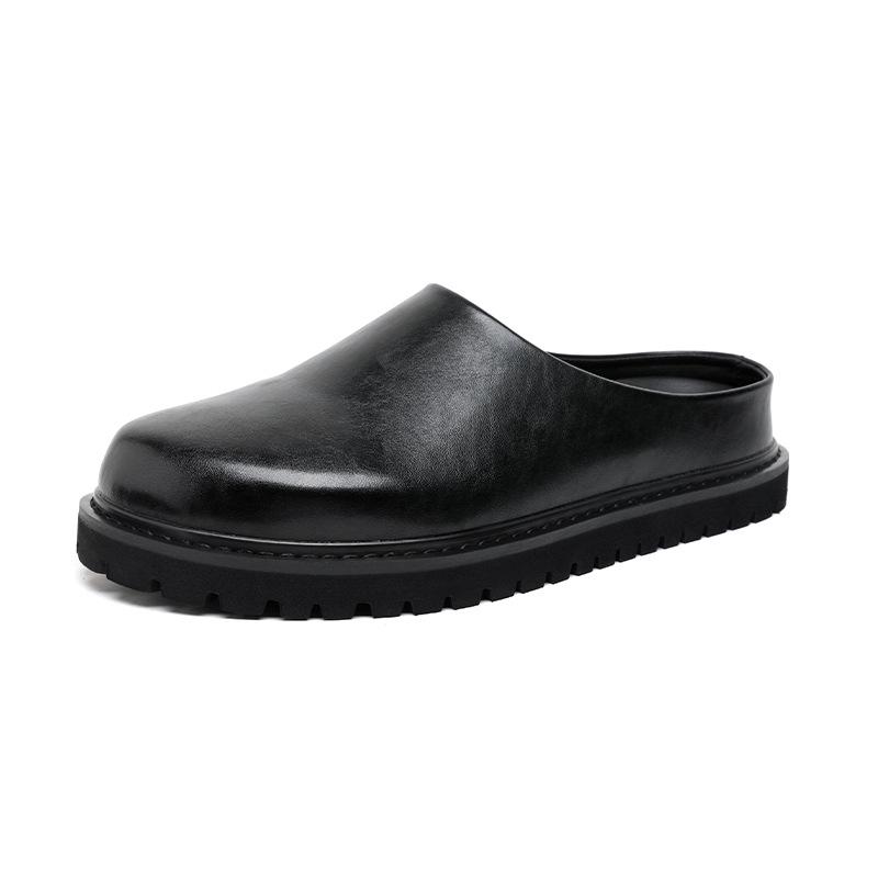 

2025 new lazy flat-bottomed feet without heels leather shoes men s bag head half slippers one pedal sandals 18887-R 38 чёрный