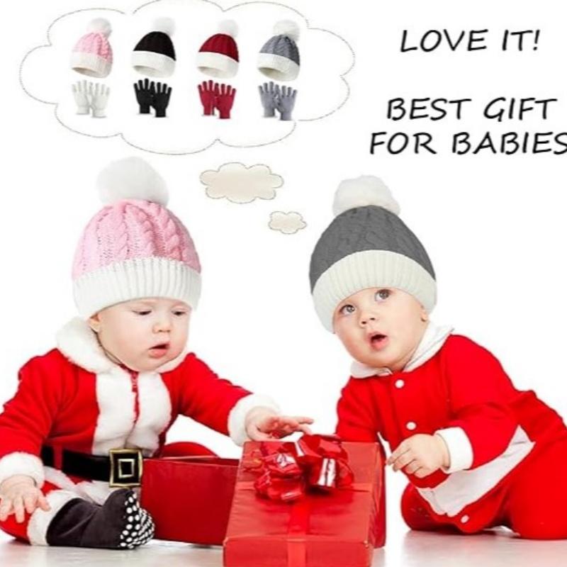 1/2/4Sets Children's Wool Ball Knitted Hat Thickened Warm Christmas Hat Gloves Two Sets of Autumn and Winter Wool Pullover Hat