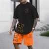 The Summer New Men's Suit Features a Retro Teddy Bear Printed Round-neck T-shirt and Shorts, Knitted Polyester Men's Wear