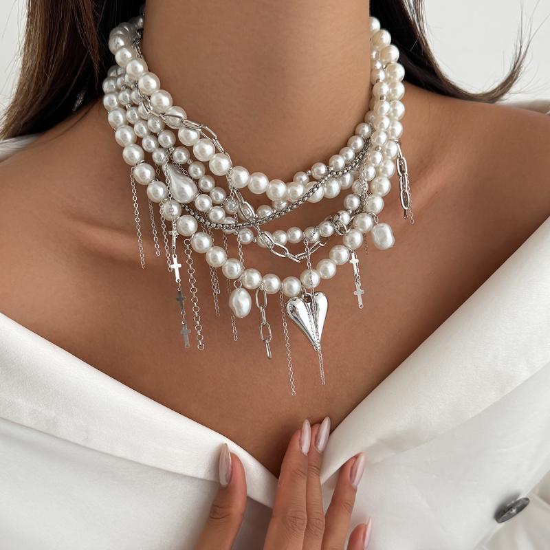 Kadınlar İçin Zarif Çok Katmanlı Sahte İnci Choker Kolye Vintage Yaratıcı Püsküllü Kolye Düğün Takıları