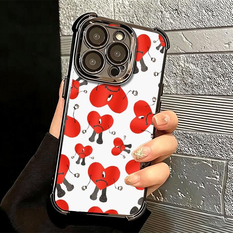 Bad Bunny Heart Plating Phone Case For Iphone 16 17 Pro Max Air 16E 14 15 Plus 12 13 Mini Anti-Fall Airabag Cover