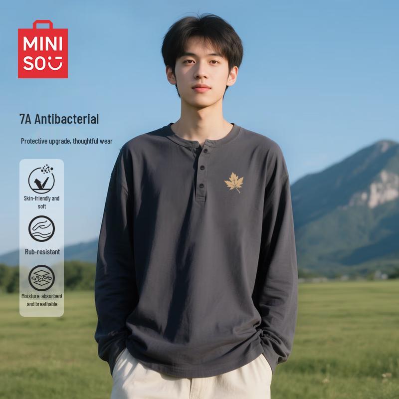 MINISO Men s American Cityboy Style Henley Long-Sleeve T-Shirt L